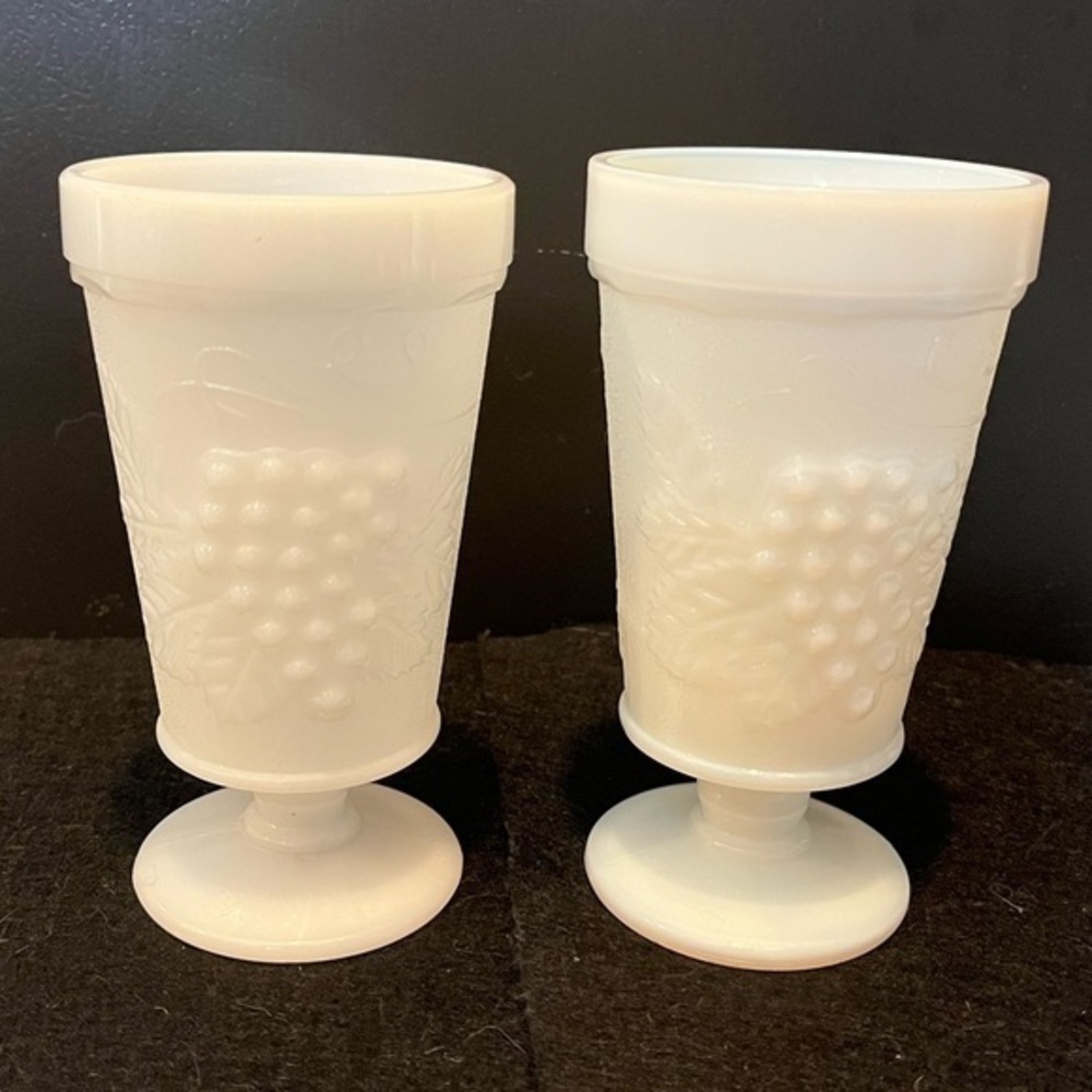 Vintage White Milk Glass Footed Goblets w/ Harvest Grapes Design Set of Two 6"